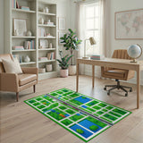 Kids Cartoon Town Map Area Rug - Vibrant Green Village Play Mat