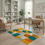 ODIKA Mid-Century Modern Geometric Washable Area Rug, Teal & Mustard