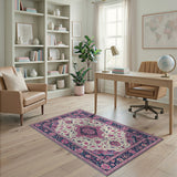 Pink Floral Persian Area Rug in Navy Border
