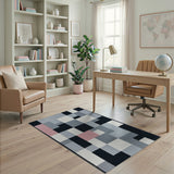 Modern Geometric Patchwork Area Rug in Grey Black White Pink