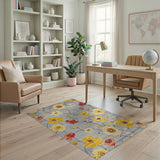 Vibrant Yellow Floral Grey Area Rug