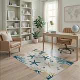 ODIKA Washable Coastal Nautical Area Rug - Teal Starfish & Coral Pattern, Non-Slip Low Pile Rug