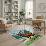 Majestic Cartoon Red Deer in Snowy Mountains Rug