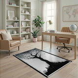 Ethereal Twisted Tree with Ravens Black White Rug