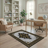 Ornate Gold Fleur-de-Lis Gray Area Rug