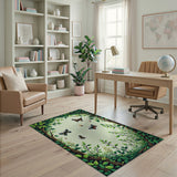 Vibrant Butterflies in Lush Green Leaf Frame Area Rug