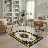 Ornate Navy Blue Gold Baroque Frame Rug