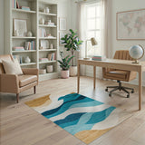 ODIKA Washable Abstract Coastal Wave Area Rug - Teal, Blue & Beige Low Pile Non-Slip Pet Friendly