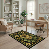 Golden Sunflower Medallion Black Area Rug