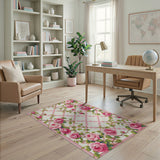 ODIKA Pink Rose Floral Trellis Washable Area Rug - Low Pile Non-Slip Vintage Romantic Carpet