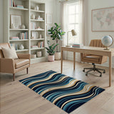 Navy Teal Abstract Wave Area Rug