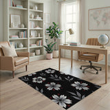 Vintage White Floral Area Rug on Black