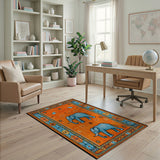 Blue Elephant Persian Area Rug on Orange