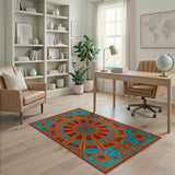 Vibrant Teal Orange Sunburst Geometric Area Rug