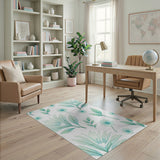 Teal Watercolor Leaves and Daisies Area Rug