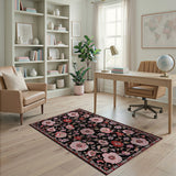 Vintage Pink Peony Floral Black Area Rug