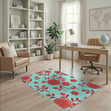 Vibrant Red Gerbera Floral Teal Area Rug