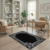Ornate Black White Floral Frame Black and White Area Rug