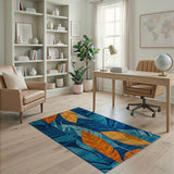 Teal Blue Orange Palm Leaf Area Rug