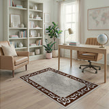 Ornate Grey Damask Area Rug with Mahogany Frame