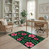 Pink Vibrant Pink Floral Area Rug with Green Leaves