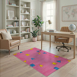 Playful Pink Kids Rug with Cute Cats Geometric Shapes