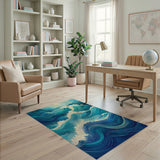 Coastal Beach Blue and Teal Dynamic Ocean Waves Blue Teal Area Rug