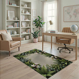 Lush Green Fern Magnolia Floral Border Rug