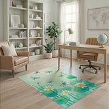 Teal Lotus Blooms and Dragonfly Area Rug