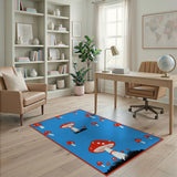 Whimsical Red Mushroom Area Rug on Blue