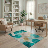 ODIKA Washable Teal Abstract Modern Area Rug - Low Pile Non-Slip Carpet