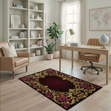 Ornate Gold Baroque Frame Rug with Red Leaves