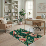 Pink Parrots Floral Leaves Green Area Rug