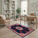 Navy Blue Persian Floral Area Rug with Red Accents
