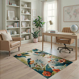 Teal Tropical Birds Hibiscus Floral Rug