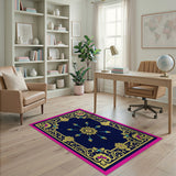 Navy Ornate Medallion Rug with Gold Pink Teal Accents
