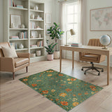 Teal Green Floral Area Rug with Orange Poppies