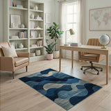 Blue and Teal Blue Wave Geometric Modern Area Rug