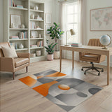 ODIKA Washable Abstract Geometric Rug - Modern Orange & Grey Low Pile Area Rug