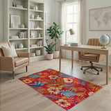 Vibrant Red Hibiscus Palm Leaf Area Rug