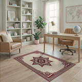 Beige and Neutral Cream Maroon Traditional Persian Mandala Rug