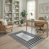 Modern Black & White Geometric Border Washable Area Rug, Low Pile & Non-Slip