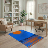 Geometric Orange Sun Over Blue Mountains Rug