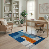 Abstract Blue Geometric Area Rug with Orange Accent