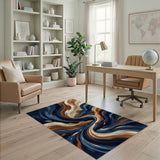 ODIKA Washable Abstract Swirl Area Rug - Navy & Copper Modern Low Pile Non-Slip Carpet