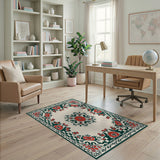 Red Rose Floral Area Rug with Green Ornate Border