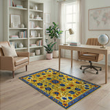ODIKA Washable Yellow and Blue Floral Bohemian Area Rug - Low Pile & Non-Slip