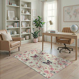Pink Butterfly Floral Embroidered Area Rug