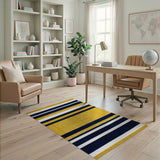 ODIKA Washable Navy Blue & Gold Striped Area Rug - Low Pile & Non-Slip