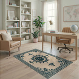 Beige and Neutral Cream Persian Floral Medallion Area Rug